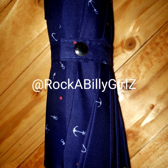 Tatyana Retro Nautical Blue Parasol Umbrella White Anchors Red Stars Hook Handle - Picture 11 of 11